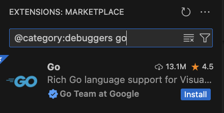 VS Code Go debugging plugin selected